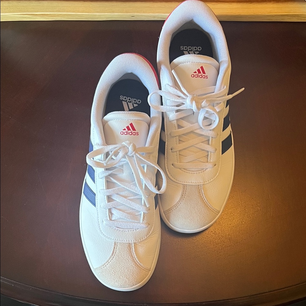 ✨Like new!!! Adidas White Sneakers with Navy Stripes and Red Accents